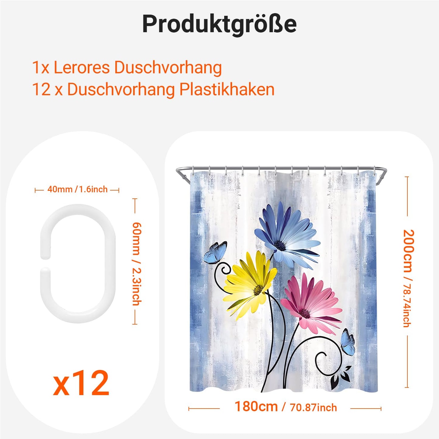 Shower Curtain, 180 x 200 cm, Blue Daisies Butterflies Motif, Weighted Hem, Anti-Mould, Water-Repellent