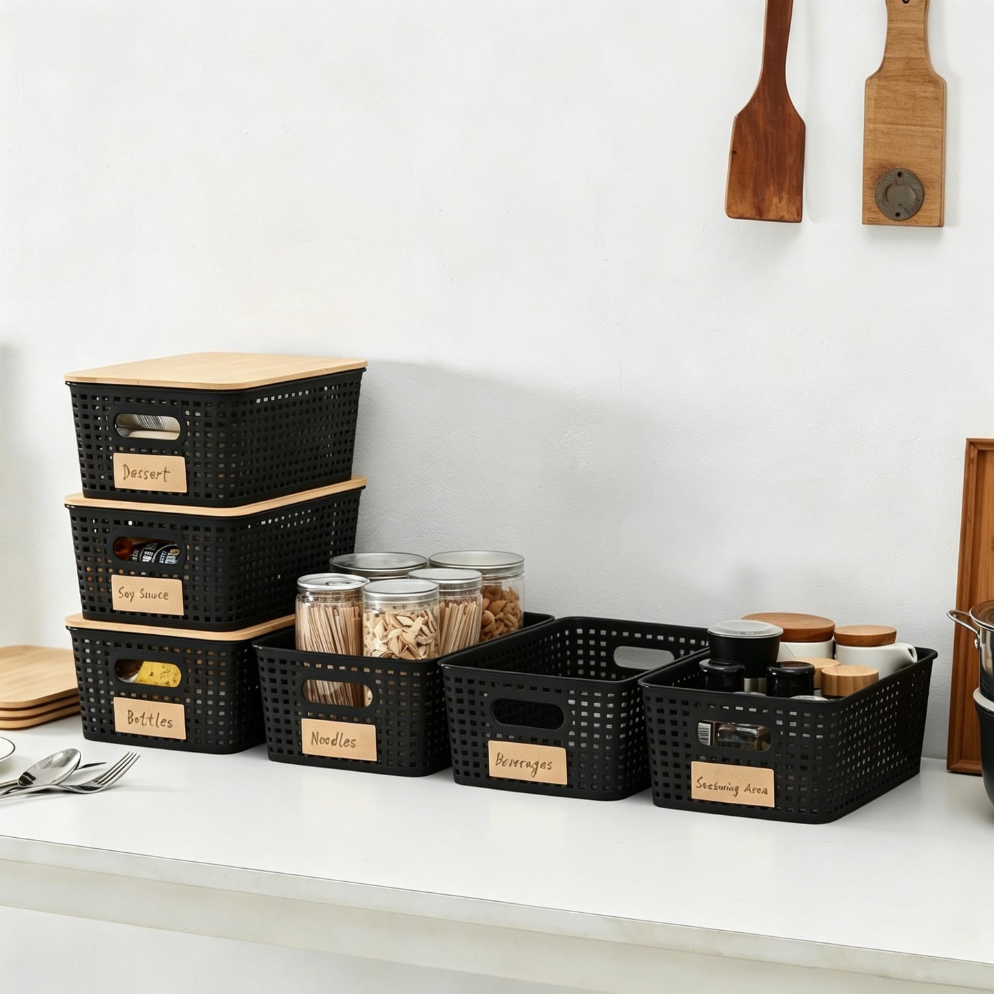 Sagittar Set of 6 Storage Boxes with Bamboo Lid, Imitation Rattan Plastic Storage Basket, Stackable Storage Bins, Ideal for Kitchen, Bathroom, Office
