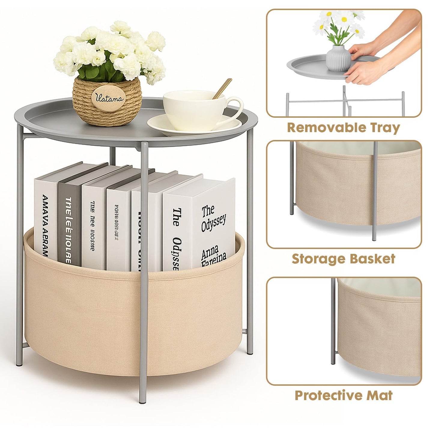 Rinkgarden Round Side Table with Fabric Basket, Modern and Sturdy, Metal End Table for Living Room, Bedroom, Bedside Table, Nursery