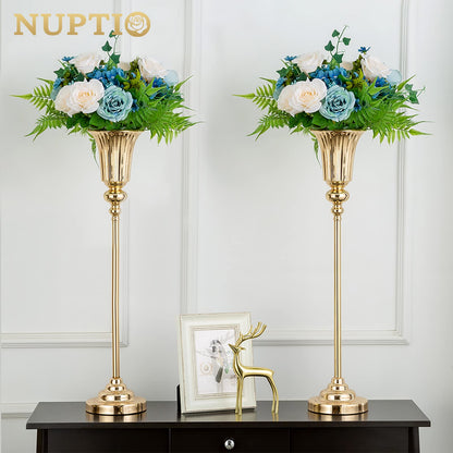 NUPTIO Gold Vase Centrepieces Tall: 2 Pcs 77.5cm Wedding Table Centerpieces Trumpet Vases Metal Flower Stand for Party Anniversary Ceremony Birthday