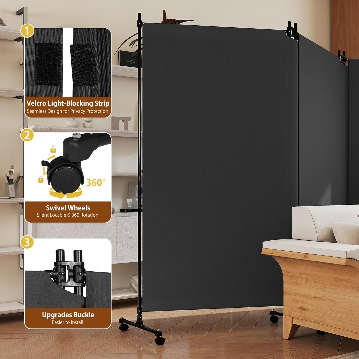 HIDODO 3 Panel Upgraded Room Divider with Wheels, 261cm W x 183cm H, Grey