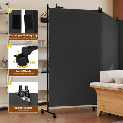 HIDODO 3 Panel Upgraded Room Divider with Wheels, 261cm W x 183cm H, Grey