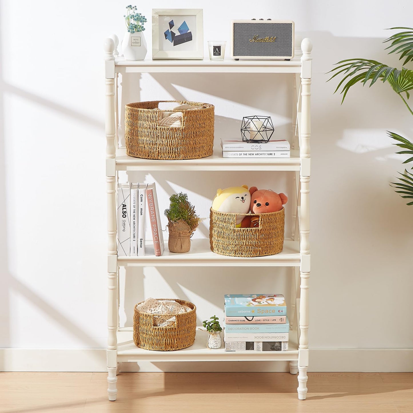 Vagusicc Woven Storage Baskets Set of 3, HandWoven Round Wicker Storage Basket with Handles, Natural Wicker Shelf Baskets Organizer