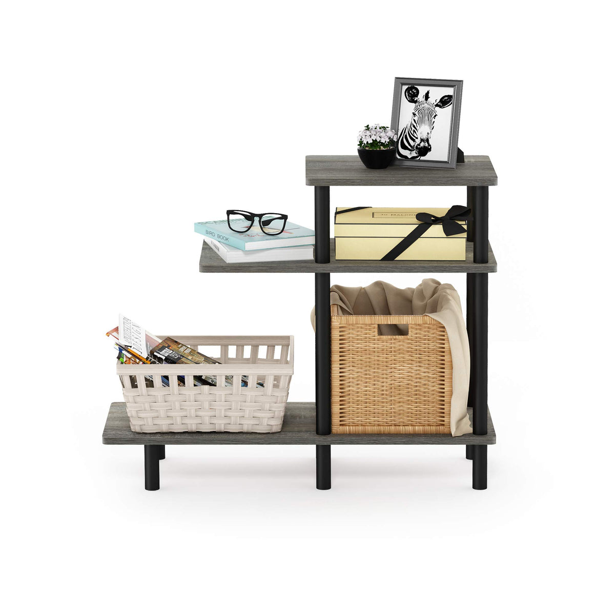 Furinno TURN-N-TUBE Side Table, 3-Tier L-Shape End Table with Open Shelf, Tall Toolless Night Stand, Bedside Table, for Living Room, Bedroom