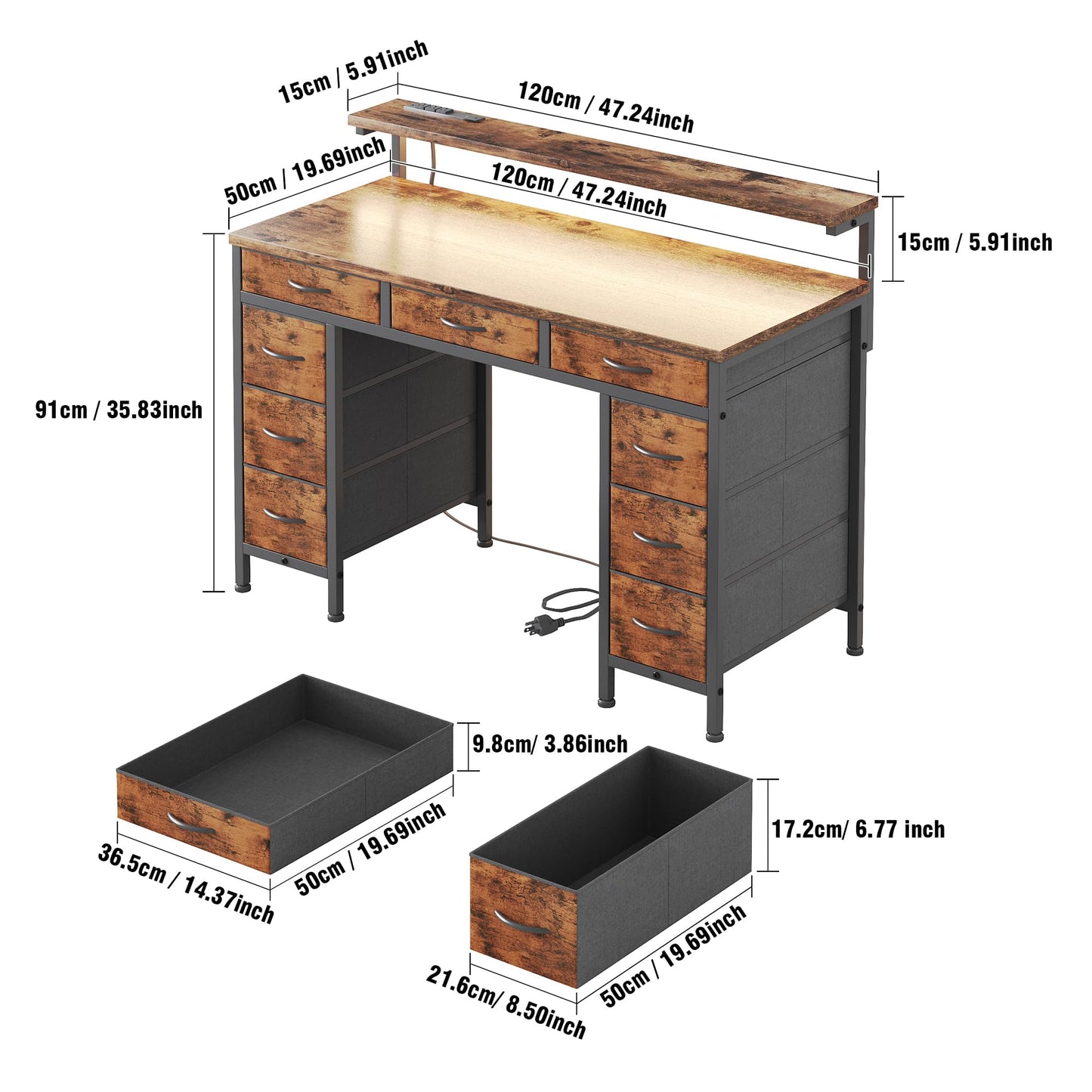 Flrrtenv Computer Desk with 9 Drawers & LED, 120cm Home Office Desk with Storage & Power Outlets USB Type-C