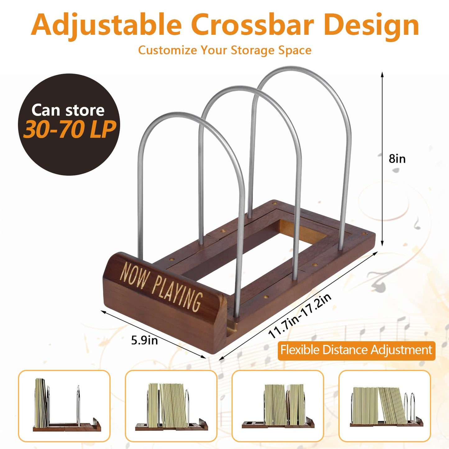Yalitrca Adjustable Vinyl Record Storage Stand, Expandable LP Holder for 30–70 Albums, Wood & Metal Record Rack with Now Playing Display