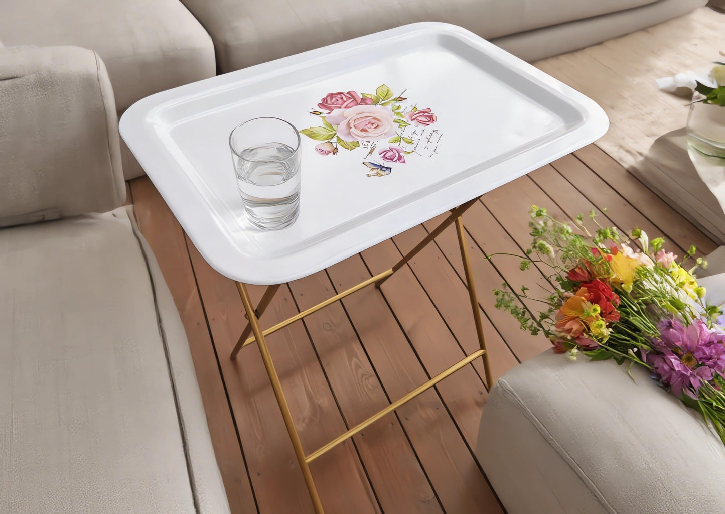 Ruweistar Portable Folding TV Tray Table with Floral Design, Grey Metal Frame, Side Table for Sofa (white)