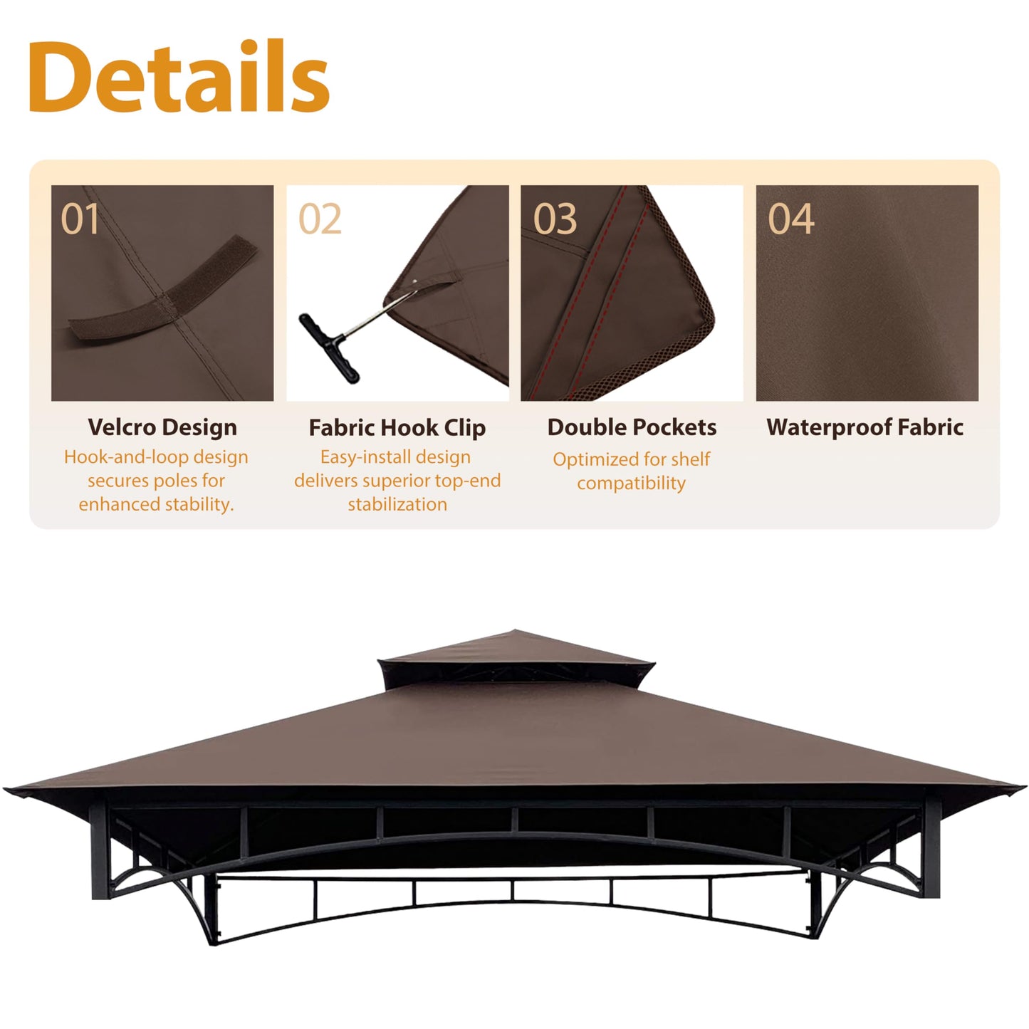 CoastShade 8 x 5 Grill BBQ Gazebo Double Tiered Replacement Canopy Roof Outdoor Barbecue Gazebo Tent Roof Top,Brown