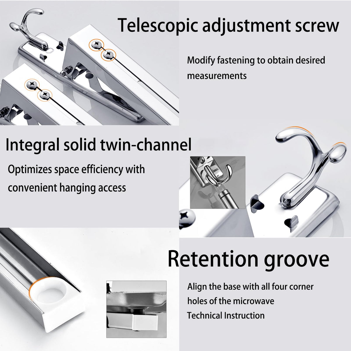 VZLYMTV Microwave Shelf Wall Mount Made of Stainless Steel - Space-Saving Wall Mounting with Double Hooks for Kitchen Organisation