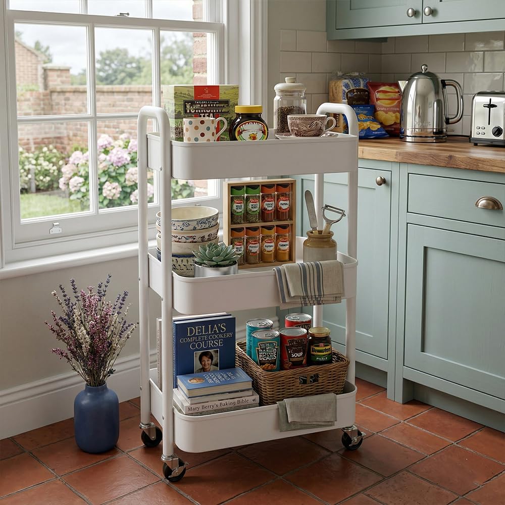 BSTHOK Storage Rolling Cart Trolley Metal Mobile Shelving Organiser with 360° Swivel Wheels for Kitchen, Bedroom