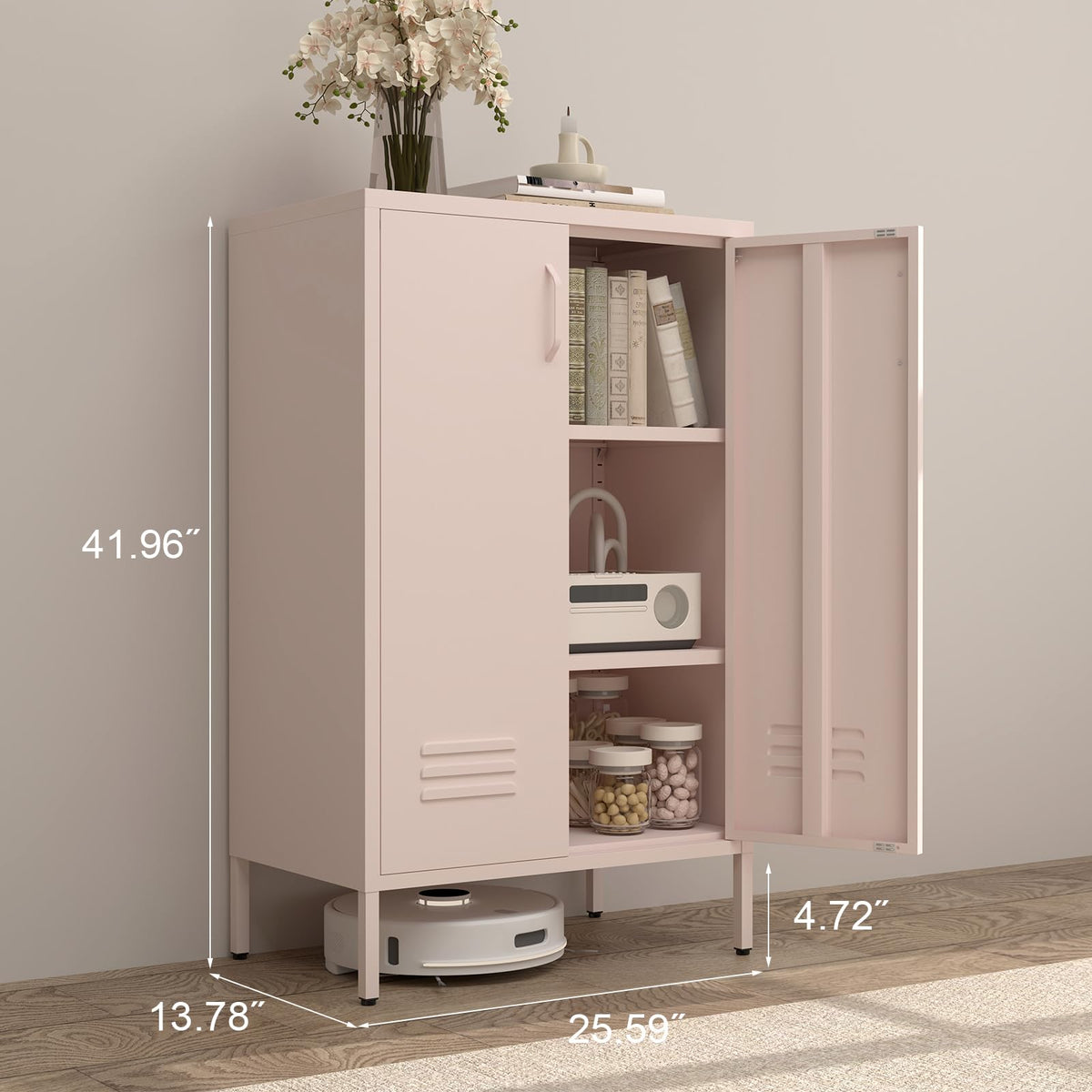 GREATMEET Metal Locker Storage Cabinet, Pink Accent Storage Cabinet, Metal Pantry with Doors for Living Room,Kitchen,Office