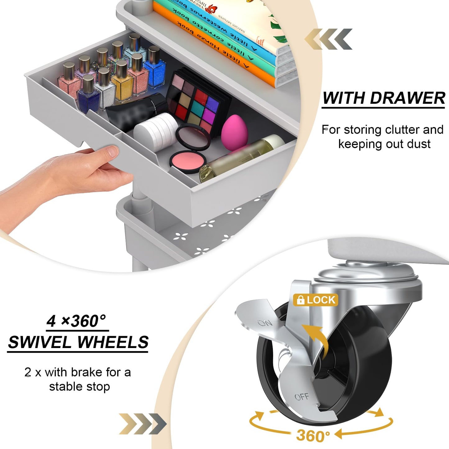 Yeabett 3 Tier Storage Trolley with Drawer, Utility Cart with Plastic Shelf & Lockable Wheels Multifunctional Storage Cart for Kitchen, Bathroom