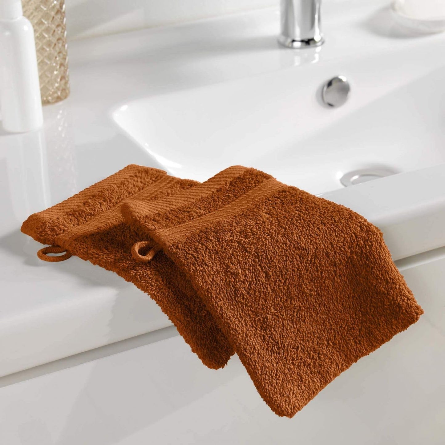 Douceur d'Intérieur, 2 x Washcloths (15 x 21 cm) Tendresse Caramel, 100% Cotton Terry Cloth