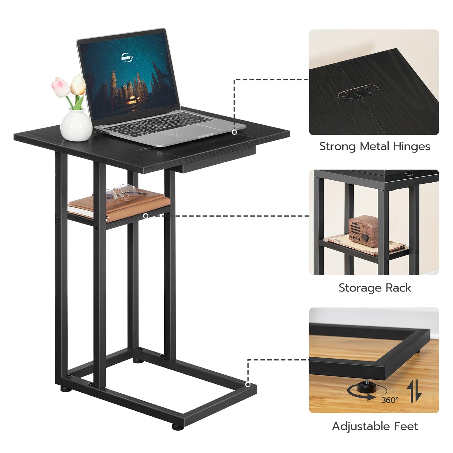 HOOBRO C Shaped Side Table, Foldable Sofa Side Table, Bedside Snack Tables, Laptop Holder Table for Sofa, Small Spaces, Small Coffee Tables