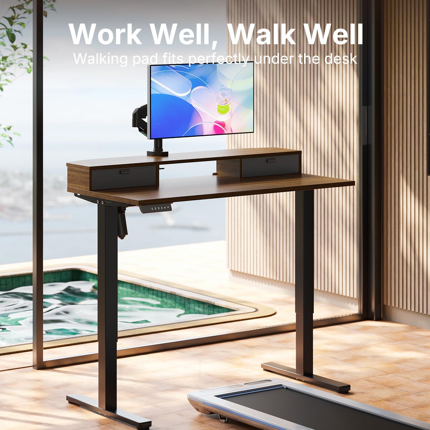 HUANUO Standing Desk with Drawers, 100x60cm, Walnut