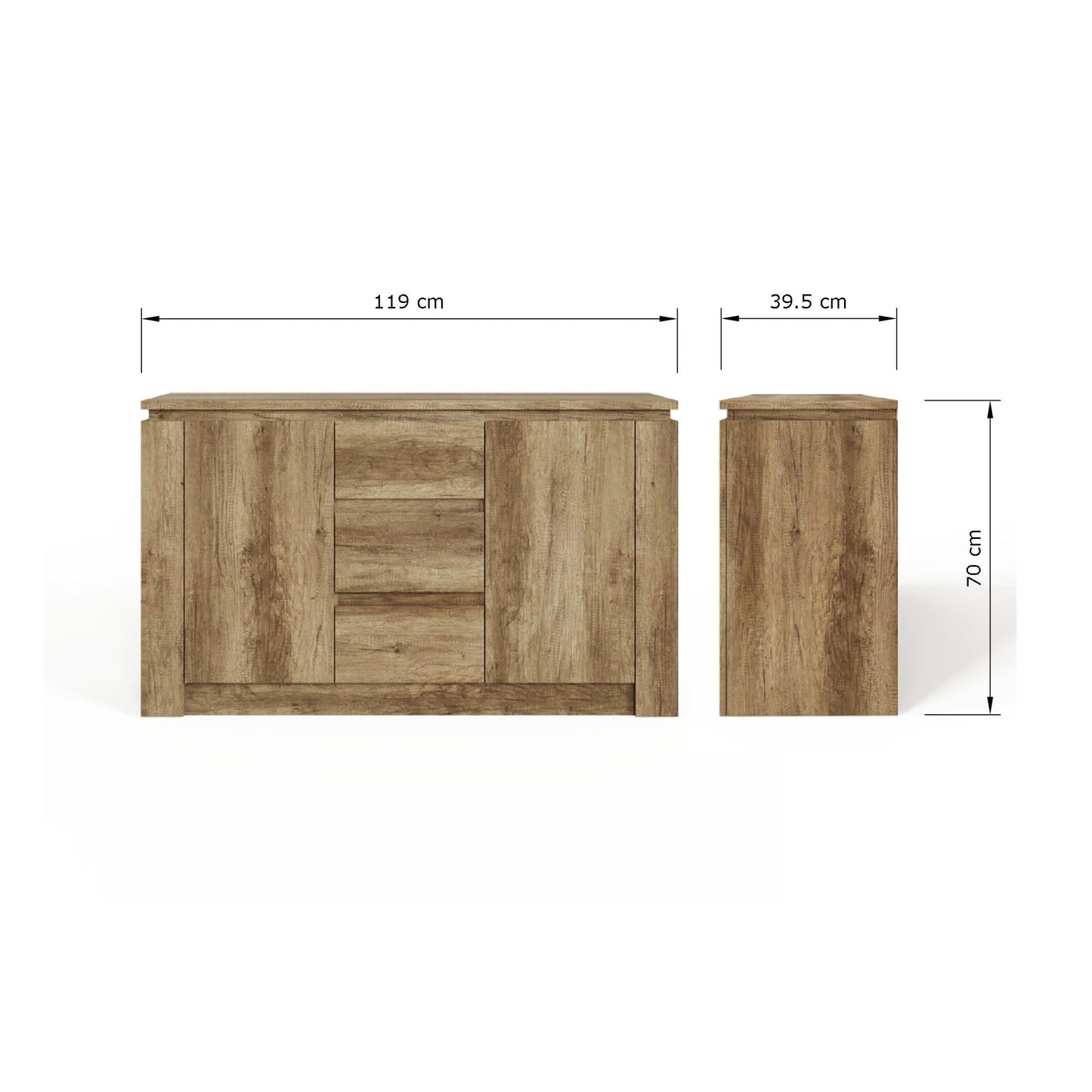 GFW Canyon Oak Sideboard Unit – 3 Drawers & 2 Door Storage Cabinet with Adjustable Shelves for Living Room, Kitchen or Bathroom, 119 x 39.5 x 70 cm
