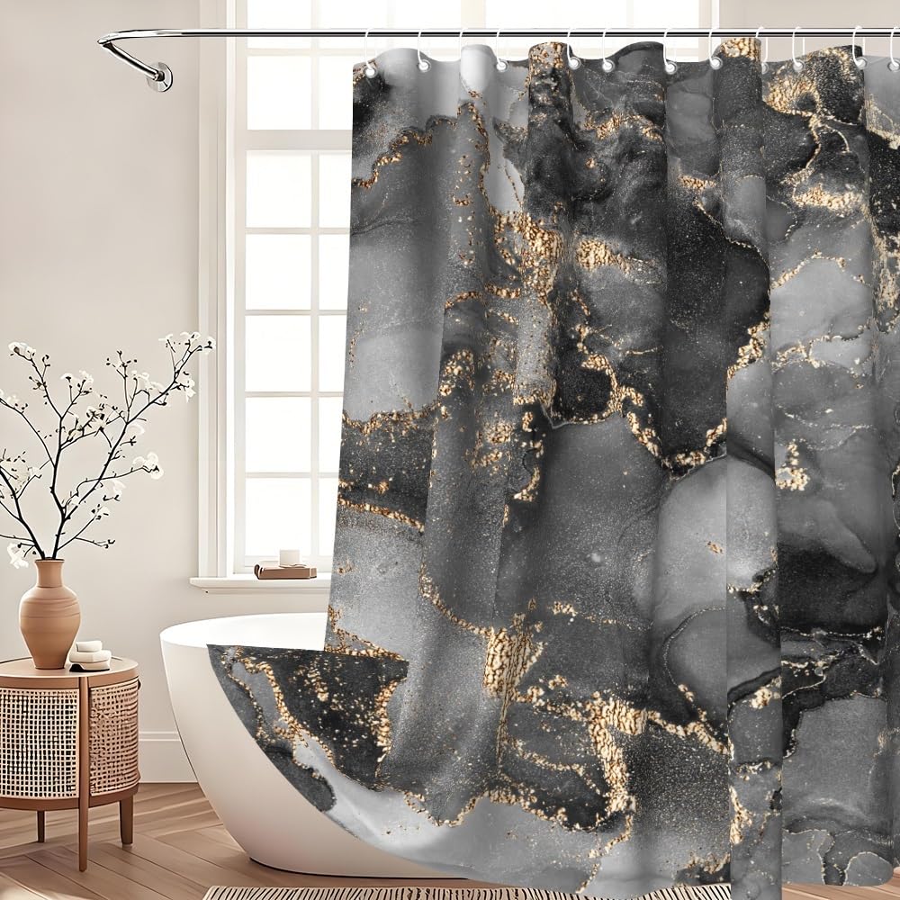 Xiaoterna Marble Fabric Shower Curtain Abstract Black Gold Grey Marble Textured Waterproof Bathroom Curtain Modern Luxury Elegant Mildew Resistant