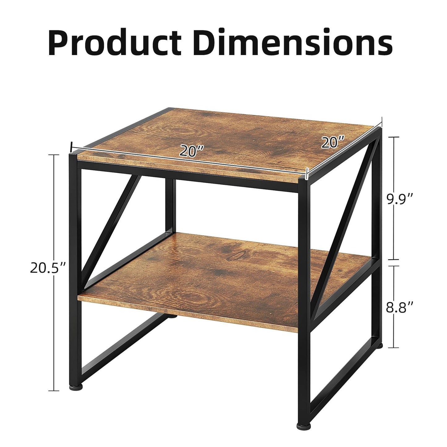 MUTUN 50cm Square End Table, 20 Inch Side Table for Living Room, Bedside Table for Bedroom, Nightstand, Small Table, Rustic Brown