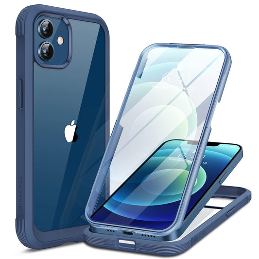 Miracase Compatible with iPhone 12/12 Pro Case 6.1 inch, [Built-in Glass Screen Protector] Full Body Rubber Bumper Case Cover (Dark Blue)