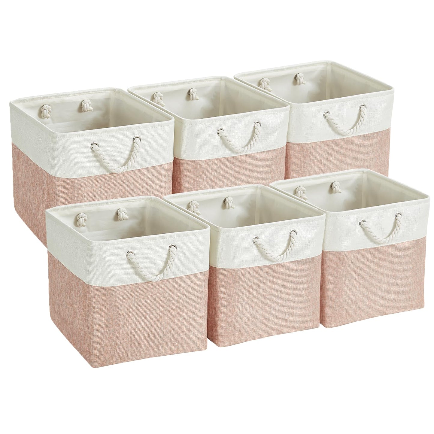 Mangata Canvas Storage Boxes, 25cm Cube Storage Bins Set of 6, Fabric Baskets with Cotton Rope Handle for Organizing Clothes Nursery Home (Pink/White)