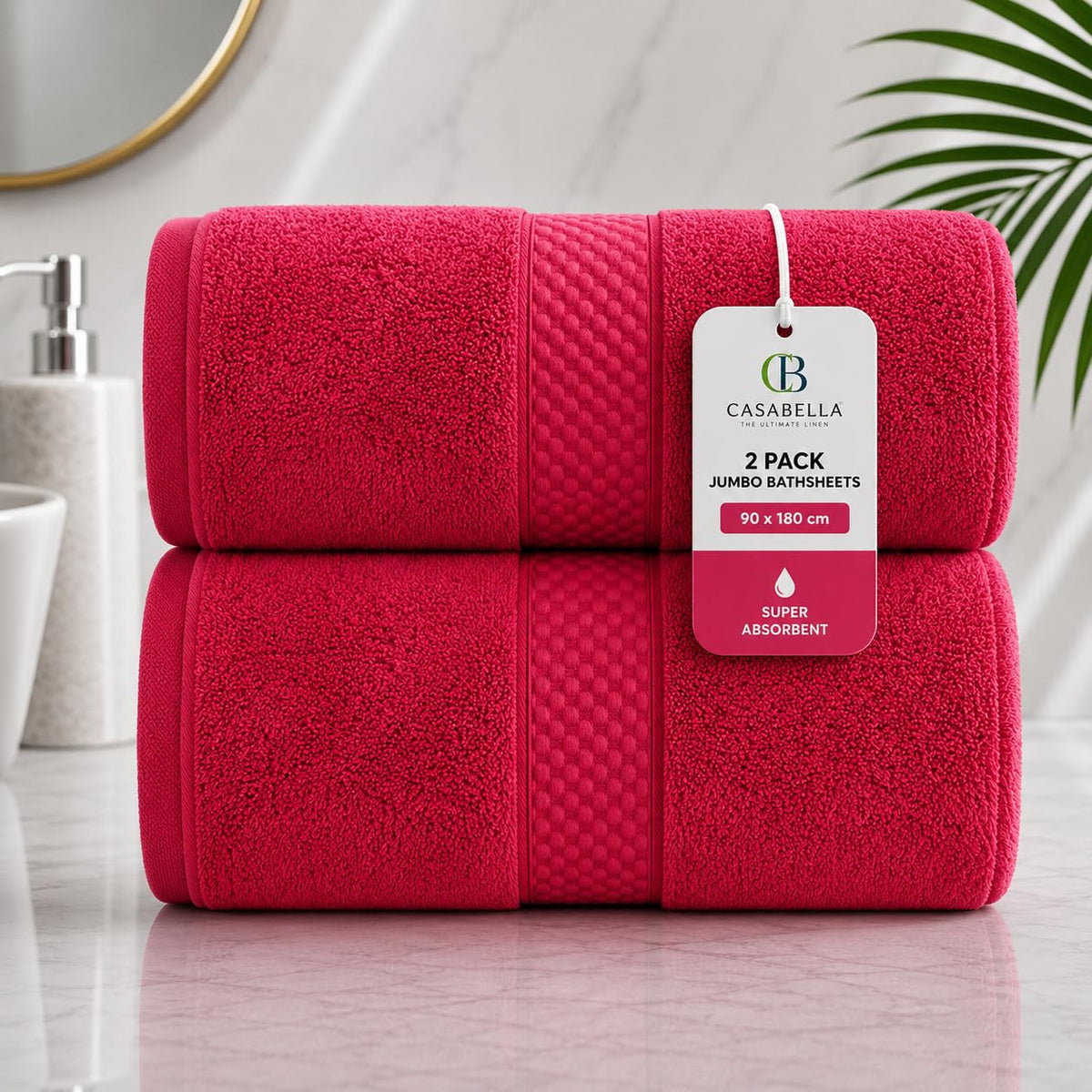 Casabella CB 2 Piece Jumbo Bath sheet 100% Combed Cotton Extra Large Bath Towel bale set super Absorbent Soft Red 2 Pack 90X180 CM Bath-sheets for