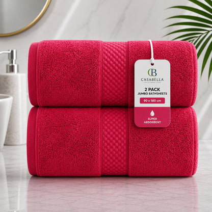 Casabella CB 2 Piece Jumbo Bath sheet 100% Combed Cotton Extra Large Bath Towel bale set super Absorbent Soft Red 2 Pack 90X180 CM Bath-sheets for