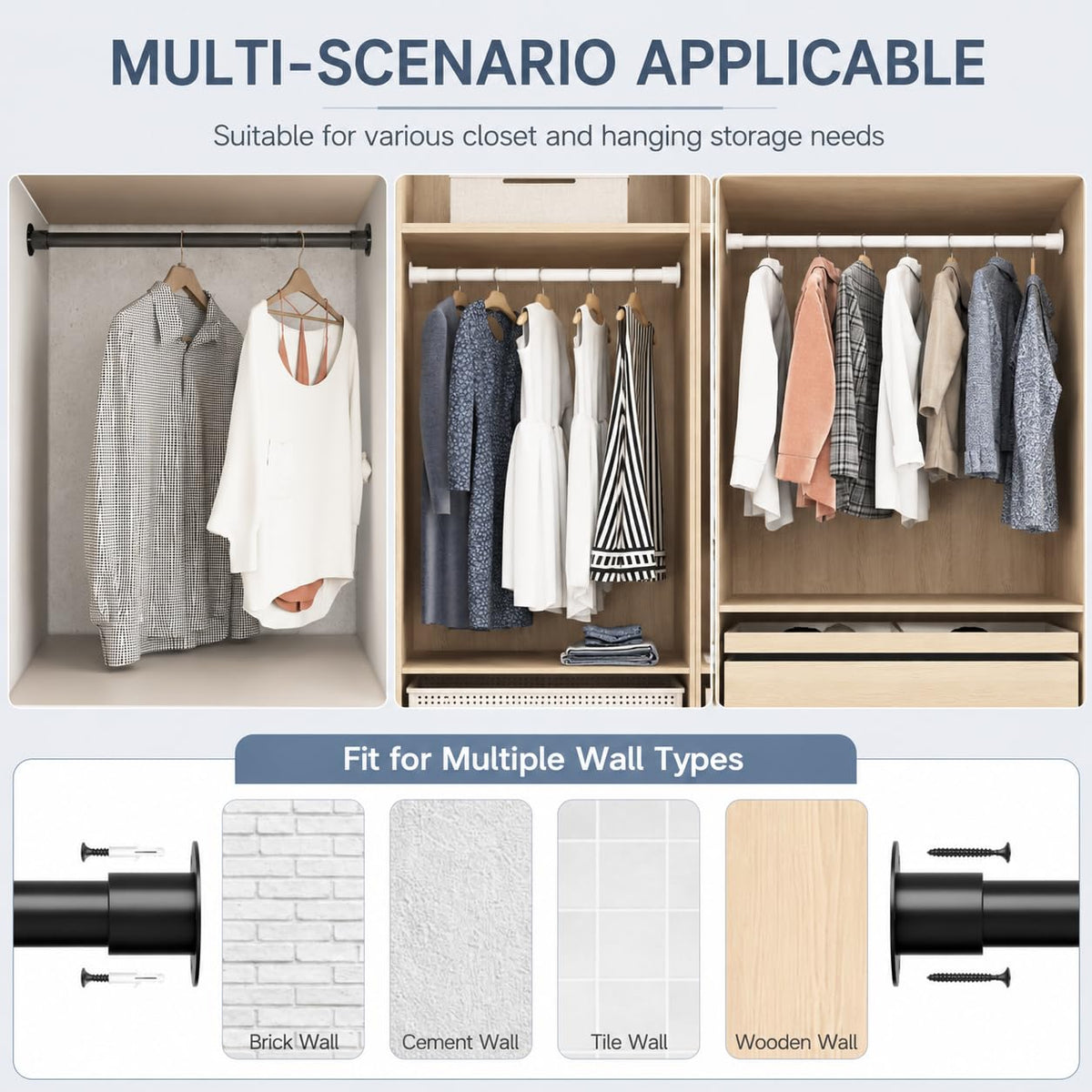 Wardrobe Rail, Heavy Duty Clothes Rod with End Sockets, Adjustable Hanging Rails for Clothes, Wardrobe and Bathroom, 68-90CM/Diameter 32MM, White