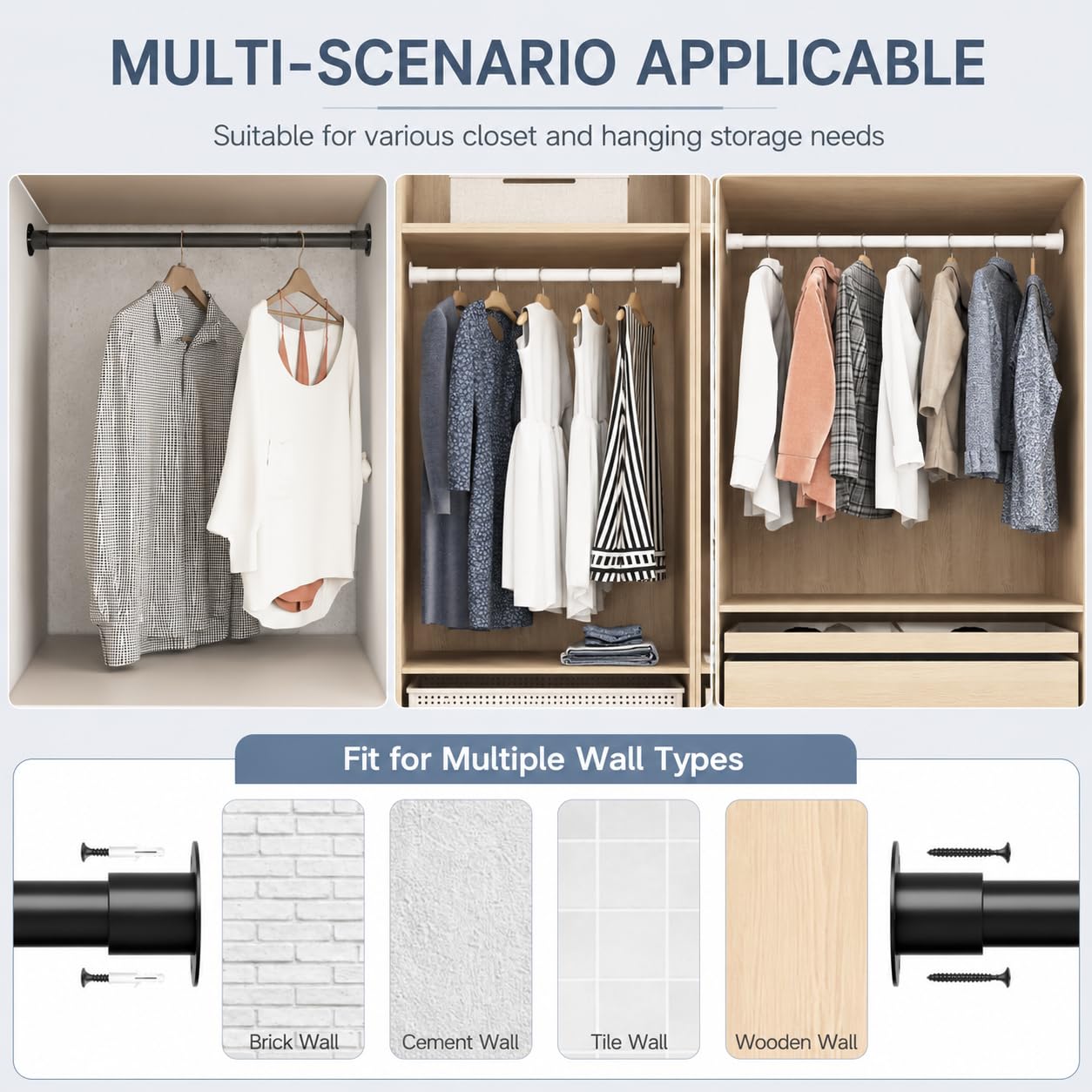 Wardrobe Pole, Wardrobe Rail Adjustable Clothes Rail with Screws and Sockets, Hanging Rod for Wardrobe and Bedroom, 85-235CM/Diameter 32MM，White