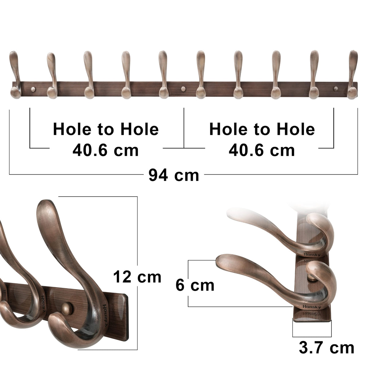 HONSKY Wall Mounted Coat Rack - 94cm Long Heavy Duty Metal 10 Double Hook, Sturdy & Space-Saving, for Hallway,Bedroom, Entryway, Holds Jackets