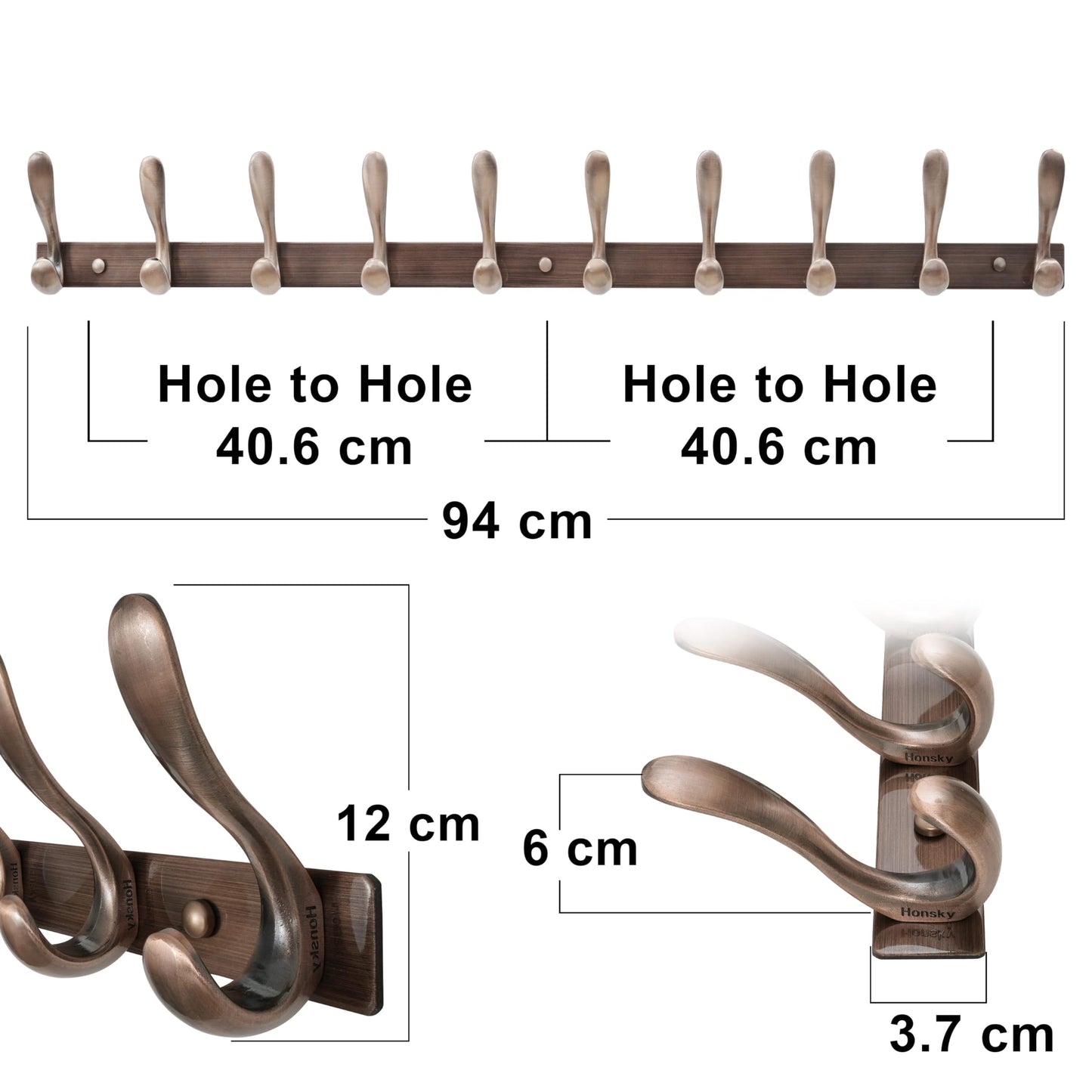 HONSKY Wall Mounted Coat Rack - 94cm Long Heavy Duty Metal 10 Double Hook, Sturdy & Space-Saving, for Hallway,Bedroom, Entryway, Holds Jackets
