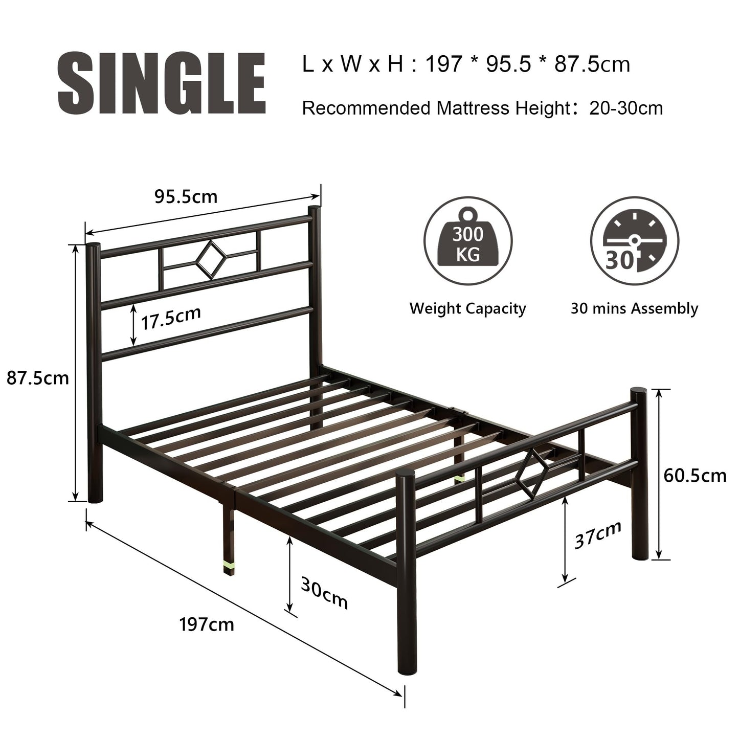 Feonase Single Bed Frame with Headboard and Footboard, Metal Platform Bed Frame Single with Underbed Storage, Solid Metal Slats Support