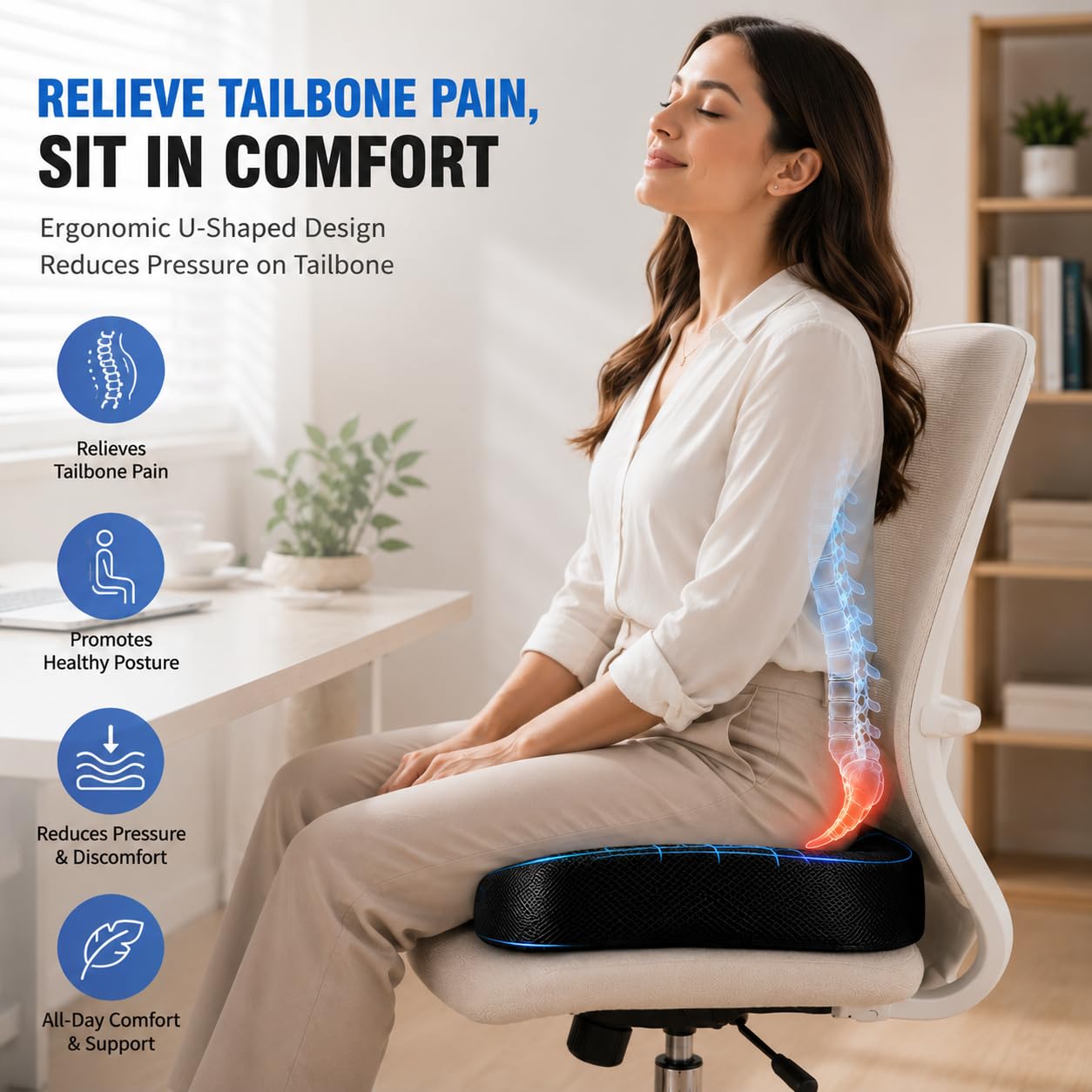 Wonder Care Orthopedic Coccyx Cusion | High Density Memory Foam for Back Pain, Sciatica, Tailbone Relief (Velvet Cover, 70Kg)