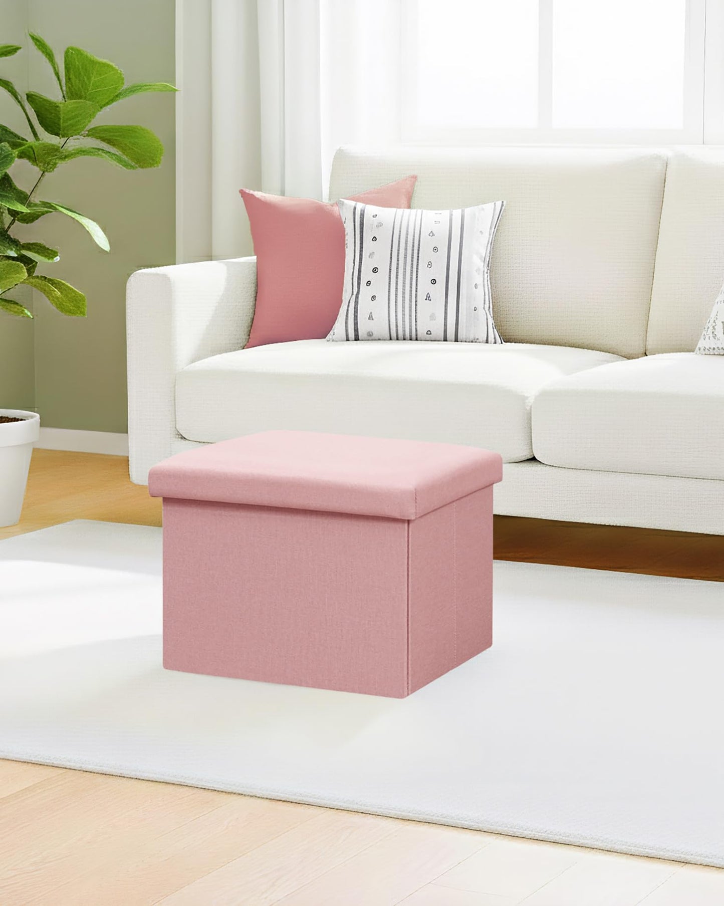 Bonlife Ottoman Storage Box - Foldable Rectangular Footstool for Living Room, Kids Toy Chest with Lid, Multi-Use Seat & Storage, Pink, 42x32x32 cm
