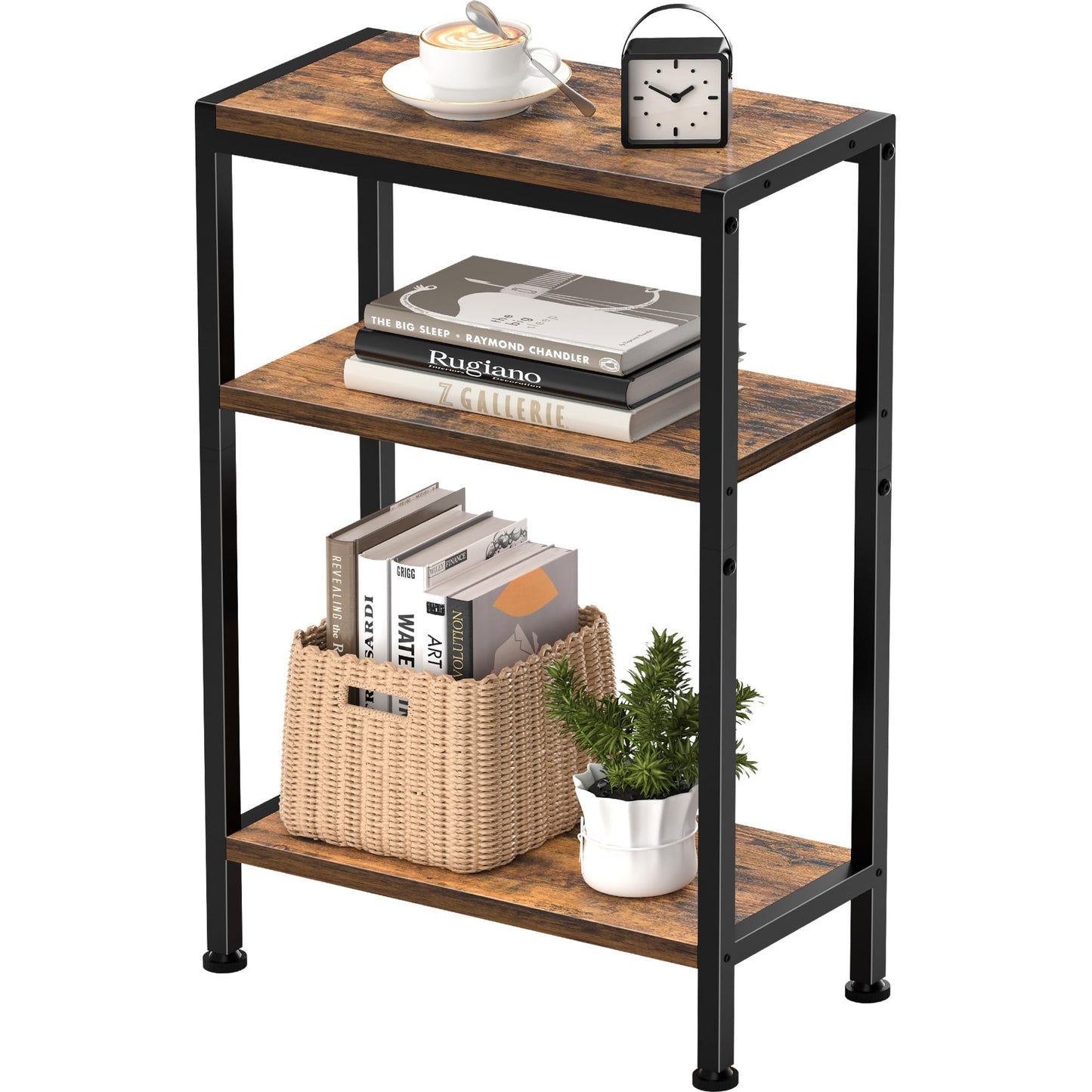 Vantimo 3-Tier Narrow Wooden Side Table, Small Slim End Table with Storage, Skinny Nightstand for Small Spaces, Living Room, Bedroom (Rustic Brown)