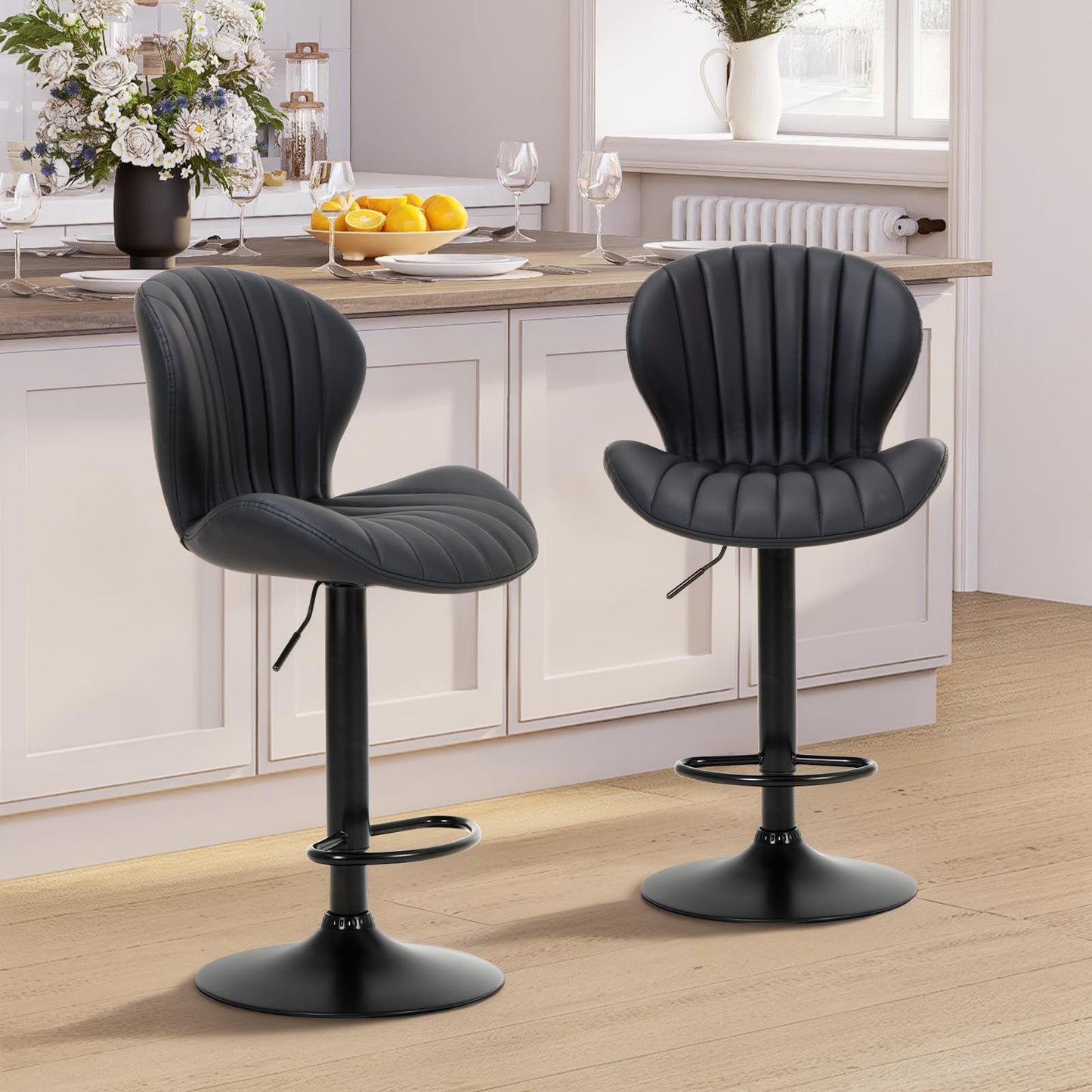 COLAMY Breakfast Bar Stools Set of 2, Modern Swivel Kitchen Bar Chairs, Adjustable PU Leather Upholstered Barstools Counter Height with High Backrest