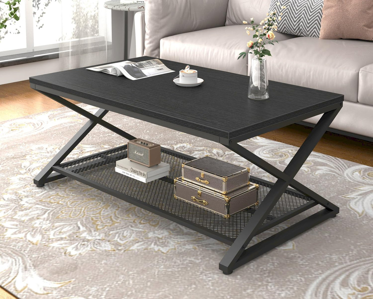 LVB Coffee Table for Living Room Coffee Tables With Storage 100cm Black Oak
