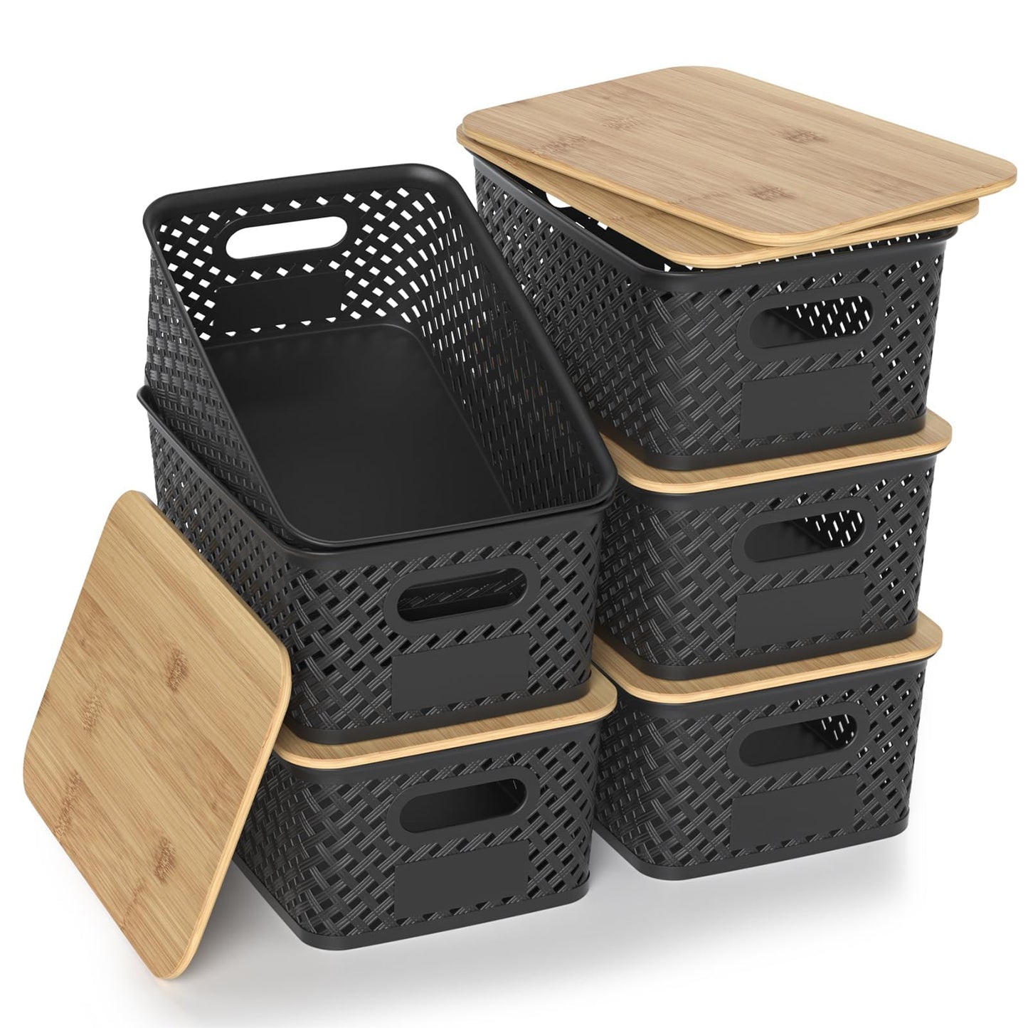 HapiLeap Plastic Storage Baskets With Bamboo Lid, Stackable Plastic Storage Boxes for Organizing Pantry Shelves Drawers Desktop Closet Playroom