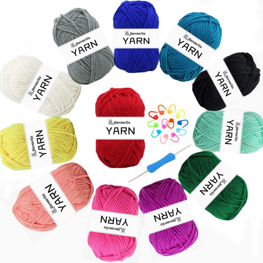 12X 50g Acrylic Knitting Yarn Skeins - Double Knitting Assorted Color Yarn Pack with Crochet Hook & Stitch Markers for Any Crochet and Knitting Mini