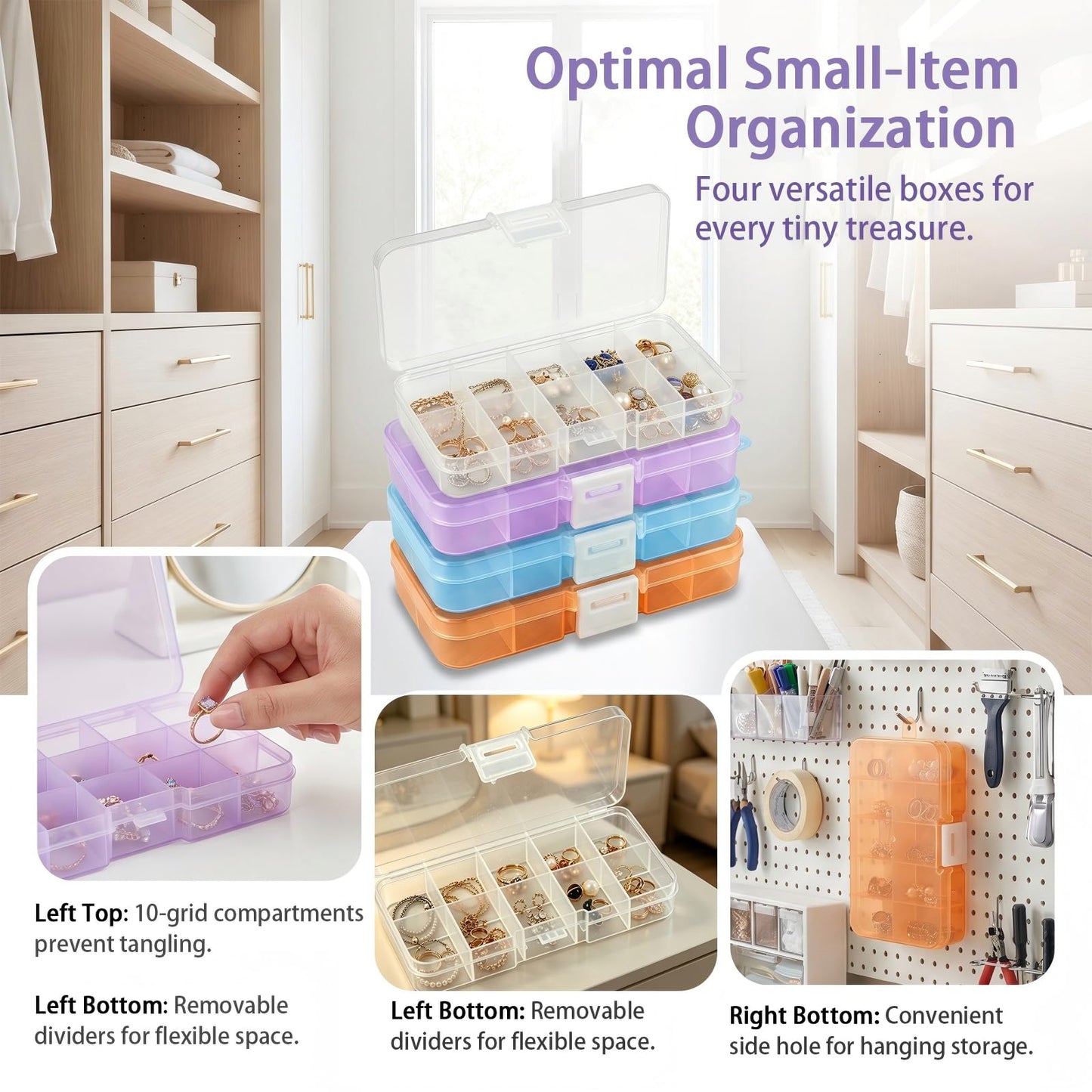 YCZARD 4Pcs Small Jewelry Storage Box 10 Grids Clear Plastic Compartments Bead Storage Box, Jewelry Organizer Bead Organizer Case Size 12.5x6.2x2.2cm