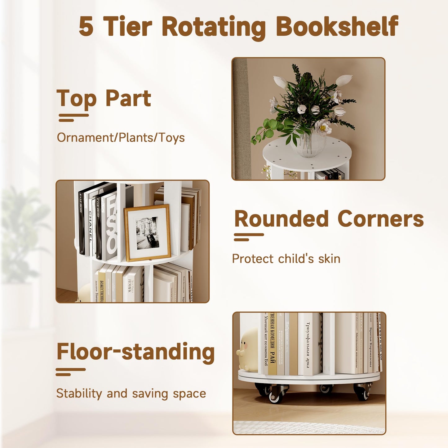 Turosur 5-Tier Rotating Bookshelf, 360° Revolving Bookcase Floor Standing
