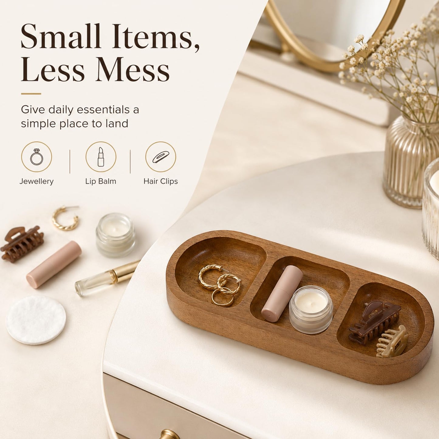 Wooden Bathroom Vanity Tray, Brown, 3 Compartments, Countertop Organiser