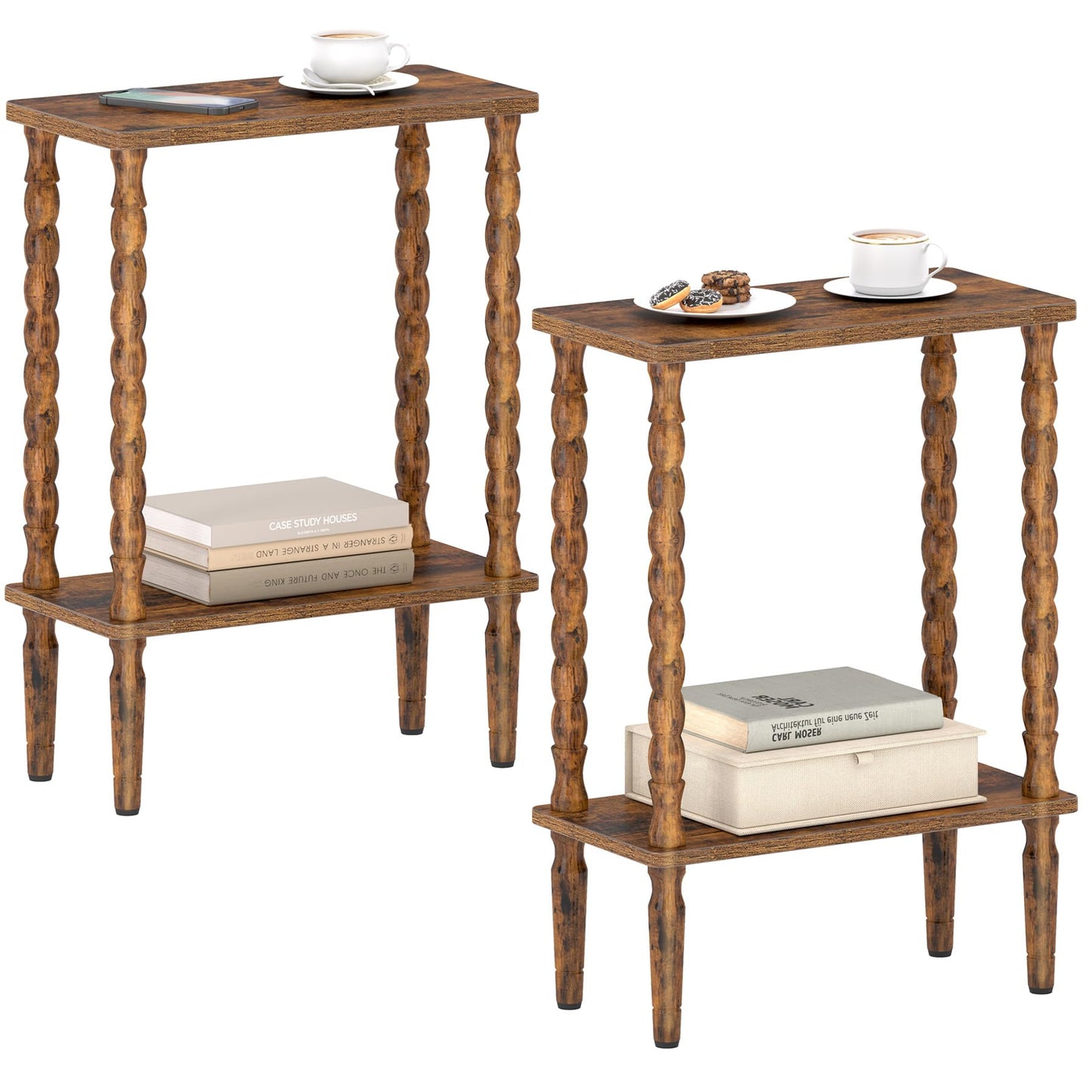TUTOTAK Narrow Side Table Set of 2, 2-Tier Small End Table with Storage, Slim Skinny Nightstand for Small Spaces, Living Room, Bedrooms