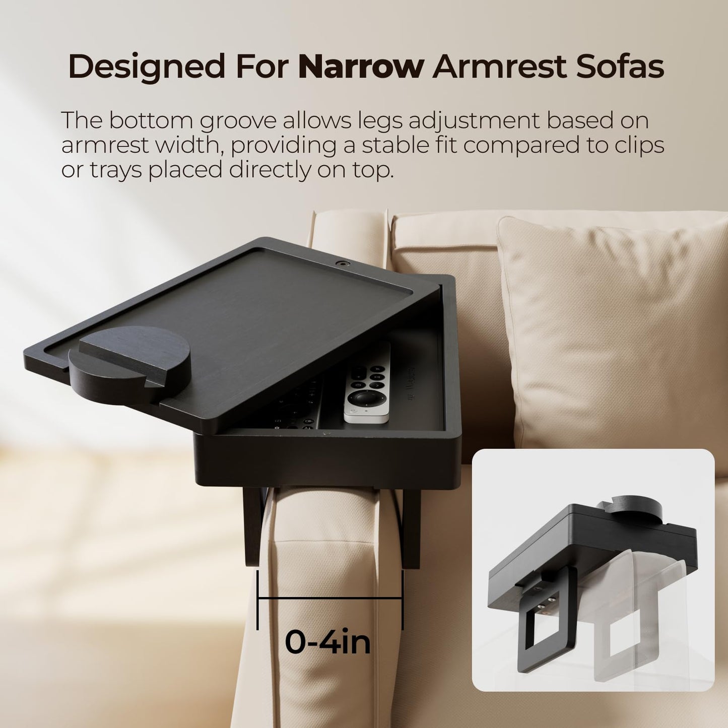 Wealone Mini Black Couch Arm Table for Narrow Armrest, Sofa Arm Tray with Storage Box, Rotating Tabletop and Phone Stand