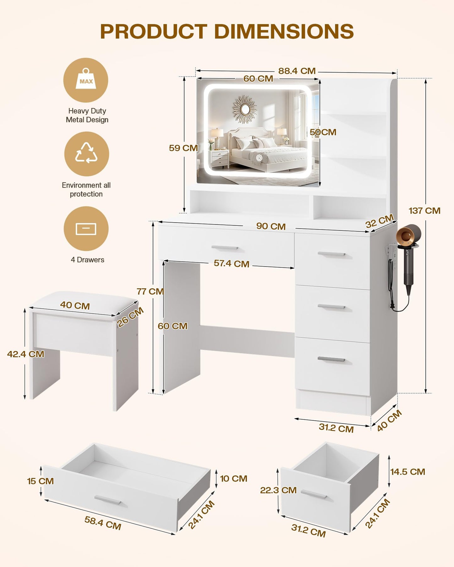 LIVELYGLOW Makeup Vanity Desk with Smart LED Mirror, Dressing Table with Power Outlet & Hairdryer Rack, 4 Drawers & Open Shelves