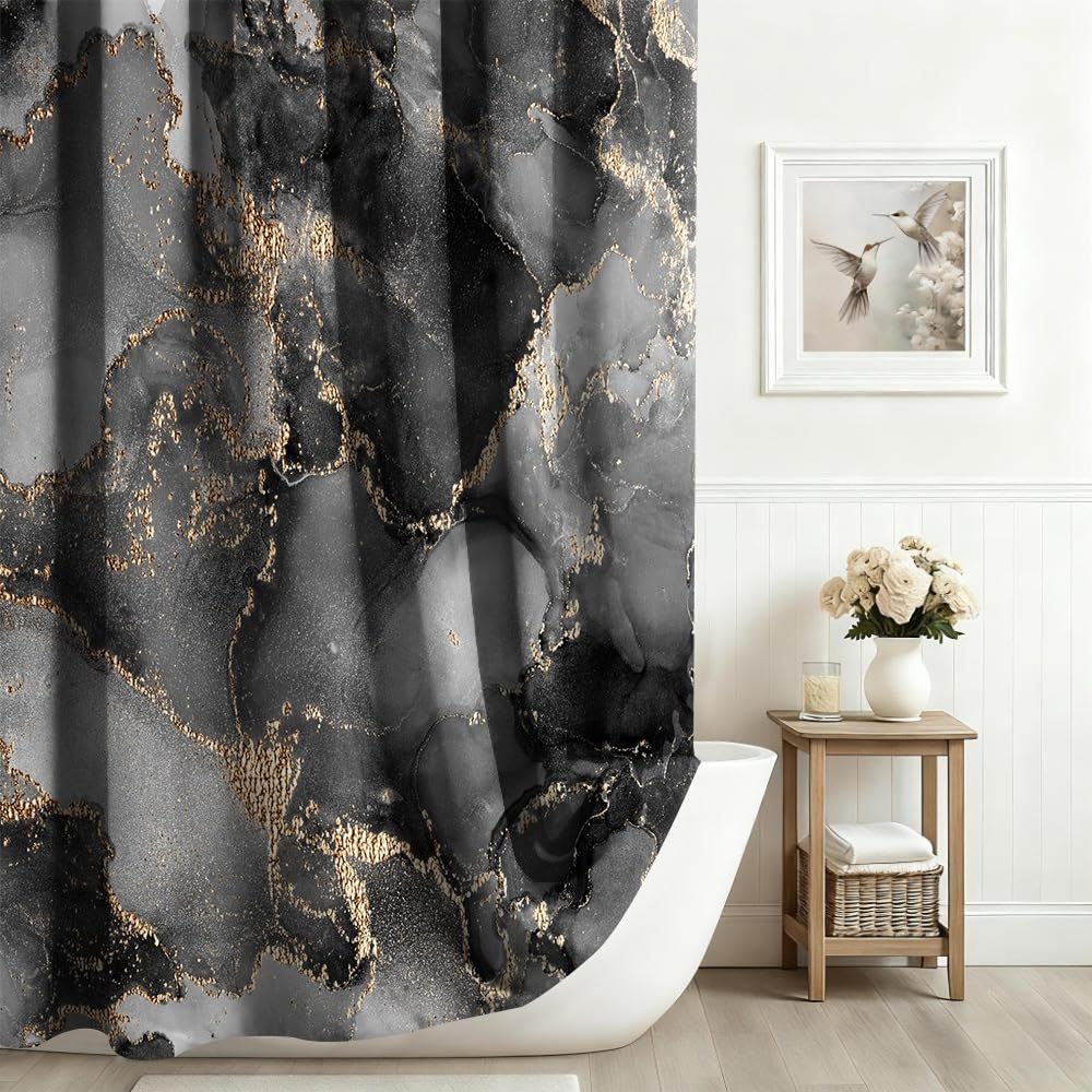 Xiaoterna Marble Fabric Shower Curtain Abstract Black Gold Grey Marble Textured Waterproof Bathroom Curtain Modern Luxury Elegant Mildew Resistant
