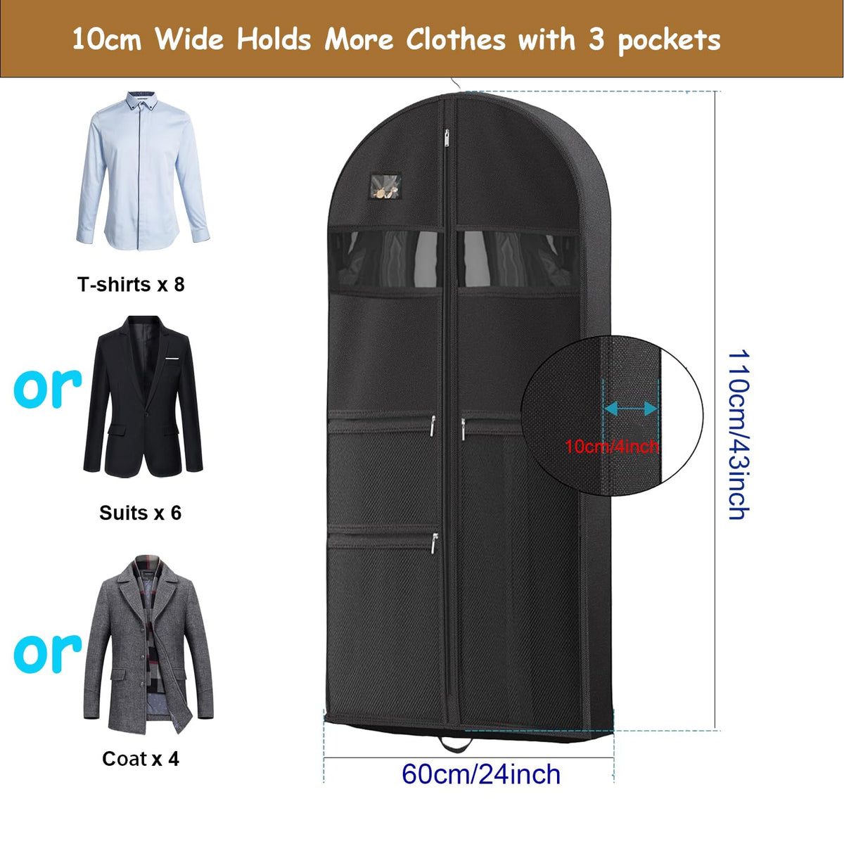 Suit Bag, URMI Heavy Duty 110 x 60 x 10 cm Dance Costume Bag Clothes Storage Protector Cover for Travel 10cm Gusseted Suit Carriers with 3 Pockets