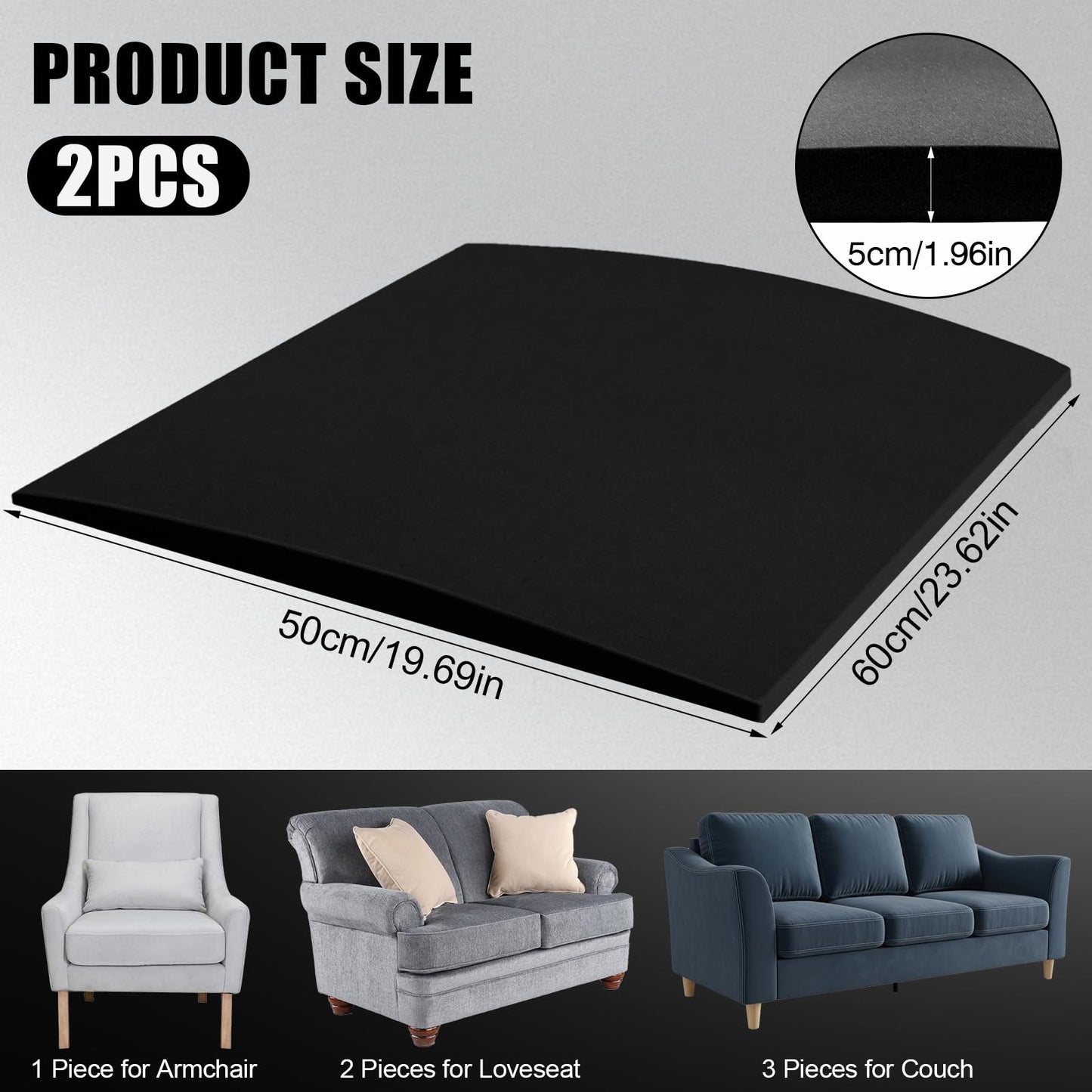 Scettar 2PC Sofa Cushion Support for Sagging Seat 60x50cm Cuttable Foam Pad