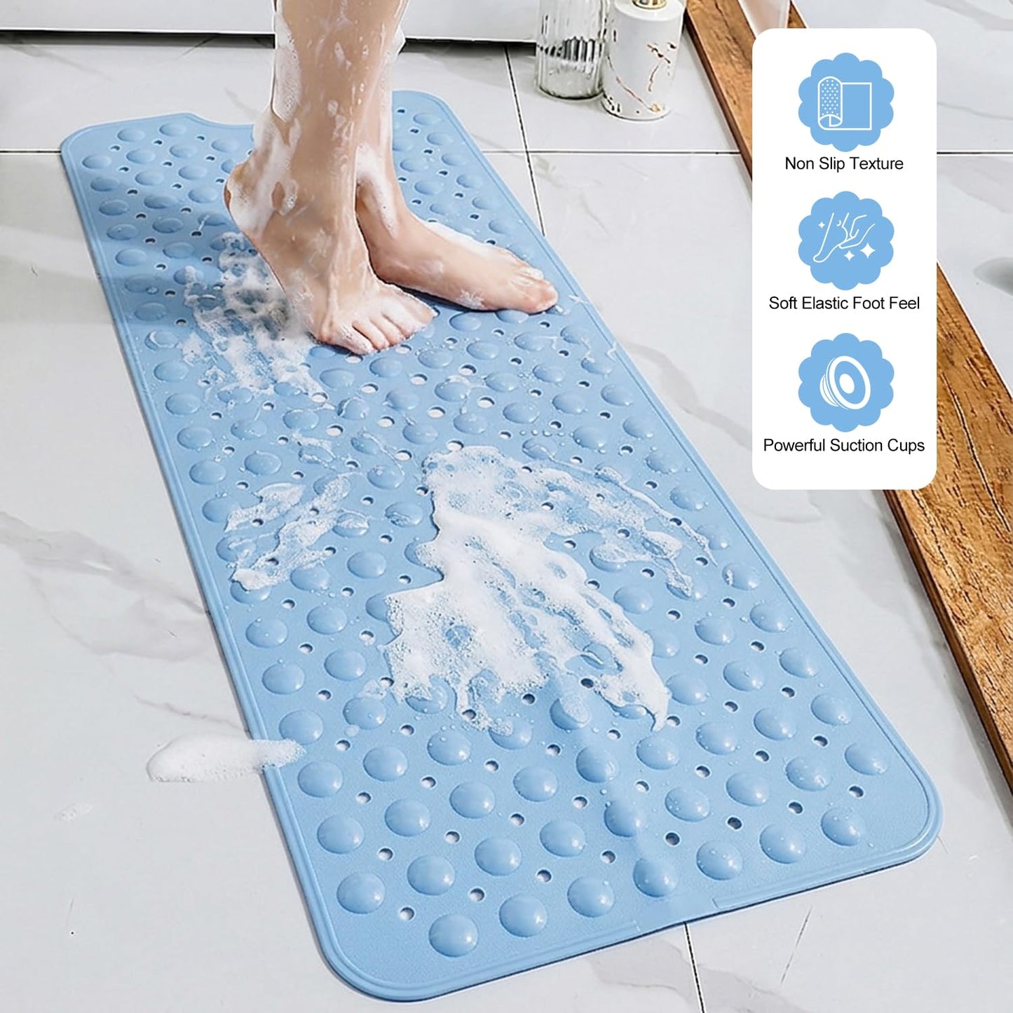 Myouhuo Non Slip Bath Mat for Tub, 100 x 40cm Extra Long Shower Mat Anti Mould, Machine Washable Bathroom Bathtub Mat with Suction Cups and Drain