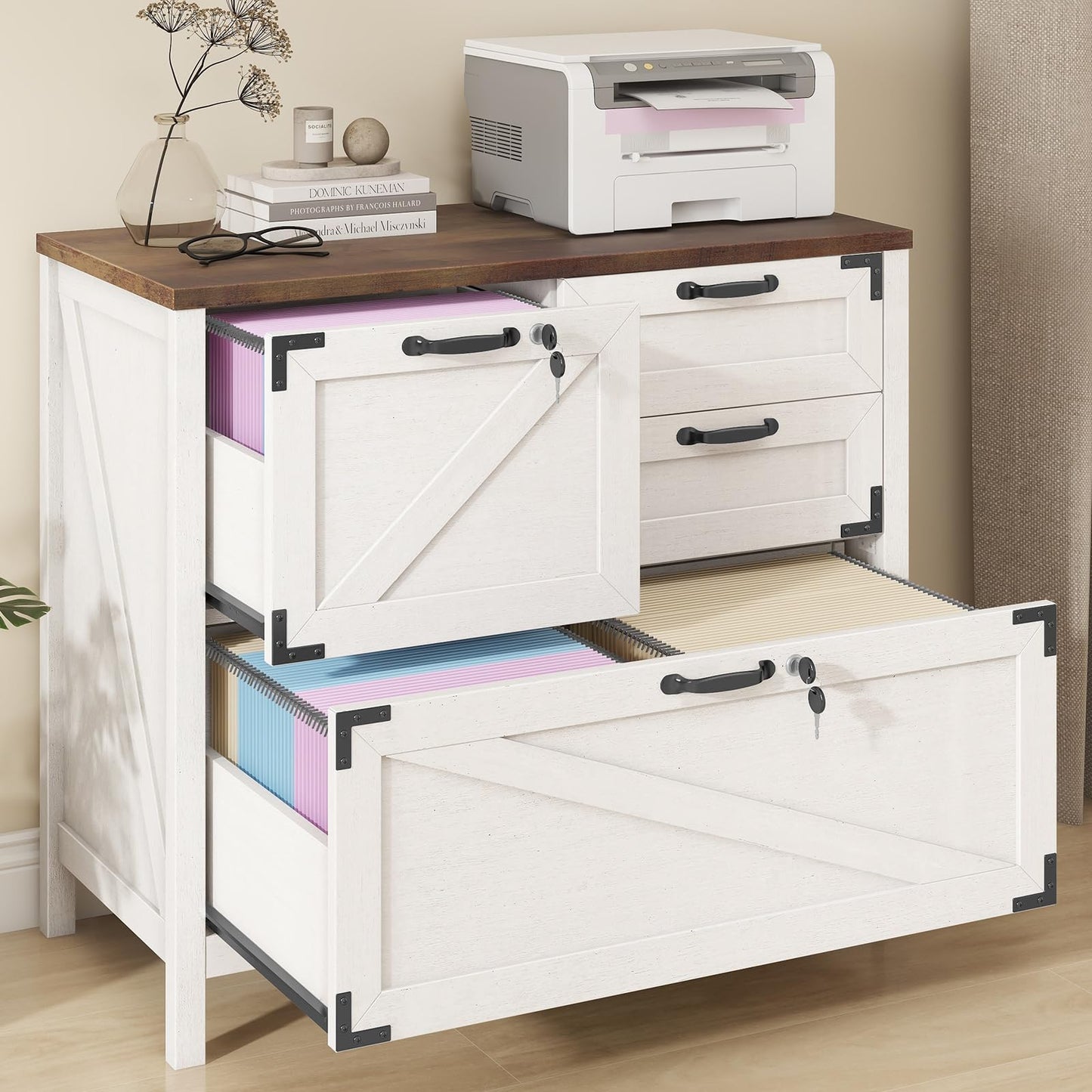 BonVache Wood Lateral File Cabinet with 4 Drawer for Hanging Files Letter/A4/Legal Size, Large Farmhouse Filing Cabinets with Lock for Home Office