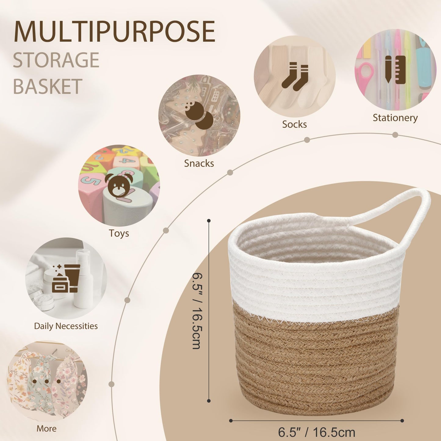 Sea Team Pack of 2 Hanging Baskets Cotton Rope Small Woven Storage Basket 6.7 Inch, Hanging Bag for Bike, Planter Fabric, Pot, Wall